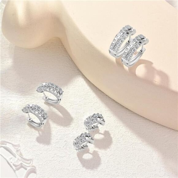 Silver Cubic Zirconia Huggie Hoop Earrings – Textured Stud & Sparkle Design - Picture 4 of 5